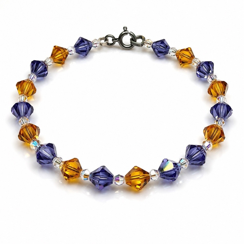 Vintage Crystal Bracelet Purple Gold Tone Bicone Beads 925 Clasp